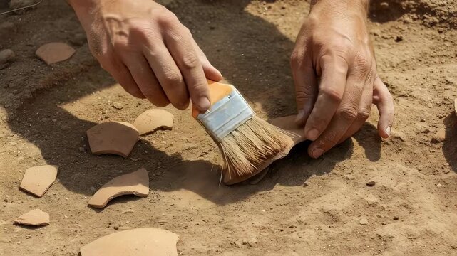 Archaeologist uses brush to clean ceramic pottery fragments from soil. Scientist excavates ancient relic pieces during scientific research at archaeological site.