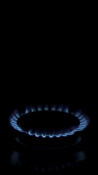 vertical detailed view of a natural gas stove ignition at the bottom of the screen in the darkness