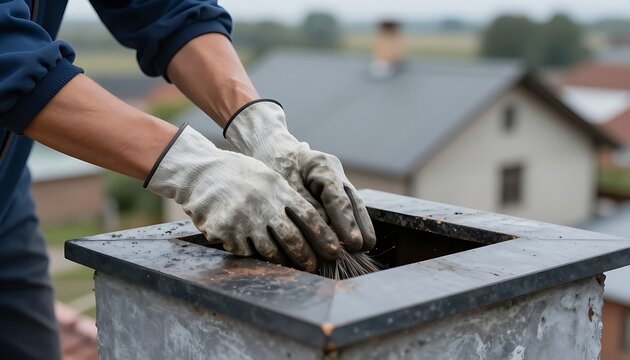 Professional chimney sweep cleaning residential roof vent with protective work gloves with perspective worker wearing using specialized brush