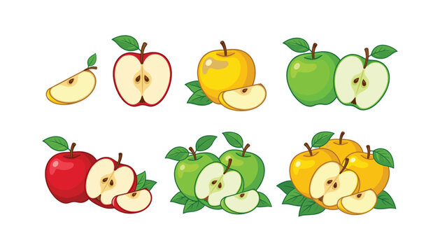 Colorful fresh apple vector illustration set featuring red green and yellow apples whole half sliced fruits with seeds on white background.