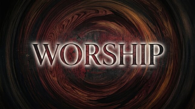 Bold white glowing letters spell out worship against a dark swirling abstract deep red background