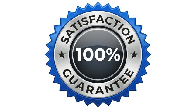 Metallic blue and silver circular badge featuring a bold hundred percent satisfaction guarantee text design emblem