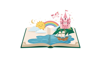 Obraz premium Open fantasy storybook vector illustration with a pink fairytale castle unicorn pirate ship rainbow and smiling sun on white background.