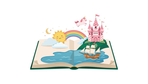 Open fantasy storybook vector illustration with a pink fairytale castle unicorn pirate ship rainbow and smiling sun on white background.