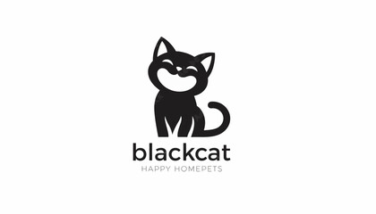 Fototapeta premium Black cat logo design depicts a happy, smiling feline sitting above the text for a pet business.