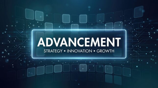 Digital graphic display featuring advancement text with glowing blue light effects on a dark background