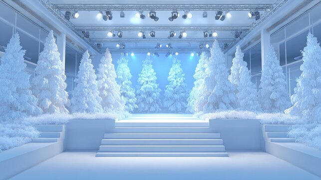 Contemporary indoor space features a runway surrounded by snow covered evergreen trees under bright overhead lighting