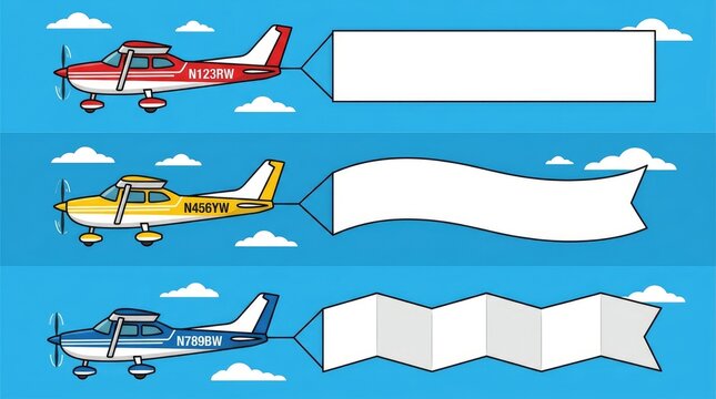 Three colorful small propeller planes flying in the sky while pulling blank white advertising banner signs
