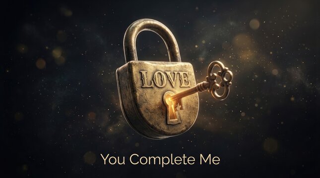 Ornate golden padlock with the word love engraved and a glowing skeleton key inserted inside