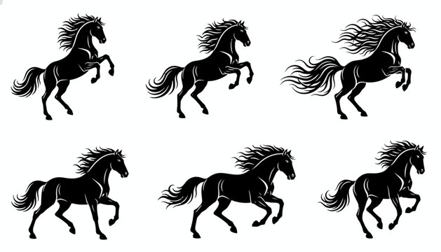 Horses in black silhouette form are shown in various galloping and rearing poses on a white background.