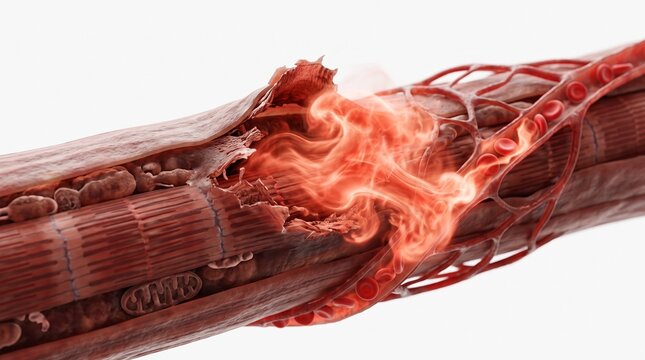 3D Microscopic Diagram of Muscle Necrosis and Myoglobin Release in Rhabdomyolysis