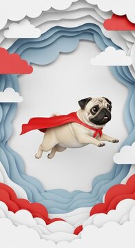Flying Pug Dog Wearing Red Cape.