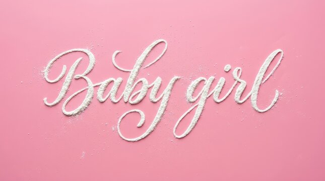 Elegant cursive text spelling baby girl written in white flour on a vibrant pink background surface