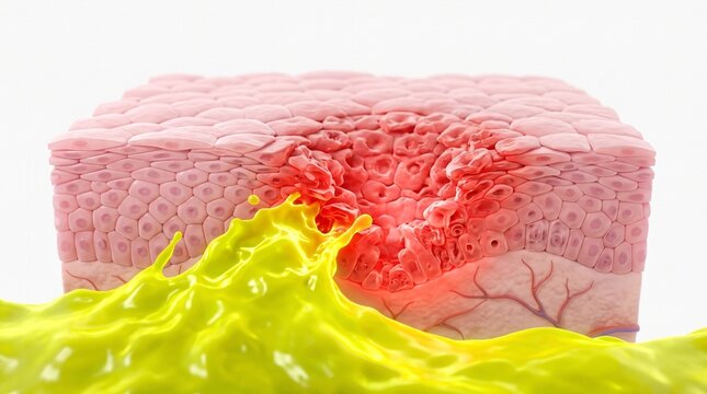 3D Microscopic Diagram of Stomach Acid Damaging Esophageal Epithelium in GERD