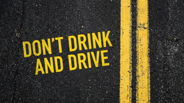 Bright yellow warning text painted on dark asphalt road surface emphasizing road safety for drivers
