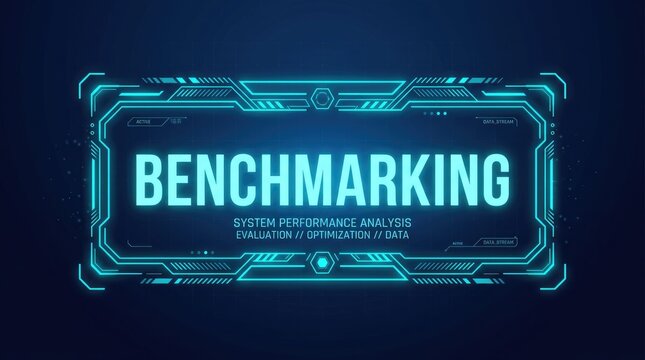 Glowing blue digital benchmarking interface featuring futuristic technical elements for testing system performance and data analysis
