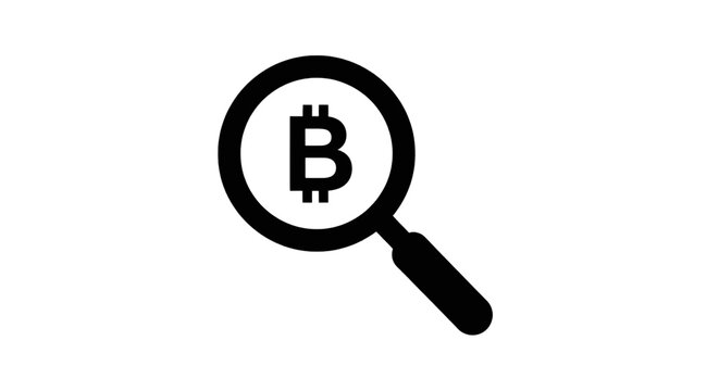Vector illustration of bitcoin icon inside a magnifying glass on a transparent background