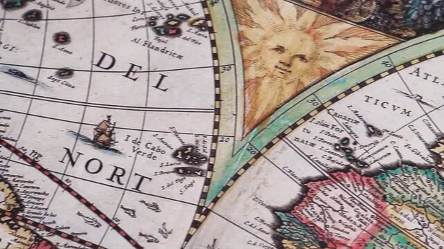 Panning detailed view of the antique maritime routes from south america to europe into a modern printed reproduction of a 17th century map