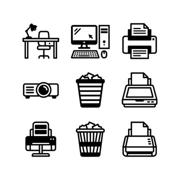Minimalist black and white office equipment and electronic icon set for business workspace design