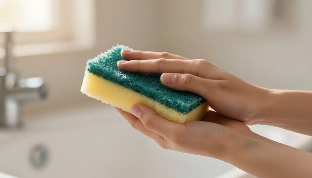 Person holding green and yellow scouring sponge for cleaning household surfaces in bright kitchen environment with dual textured scouring focus indoor setting