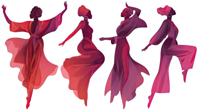 Abstract illustration of female dancers with gradient long dresses, four dancing figures with flowing skirts, watercolor dance art on white background