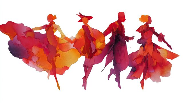 Warm red orange watercolor illustration of group dancers, male and female performers with flowing costumes, abstract ink style dance art on white background