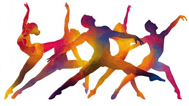 Polygonal gradient dancer silhouettes, multiple ballet and contemporary dancers in extended poses, geometric color block art illustration on white background