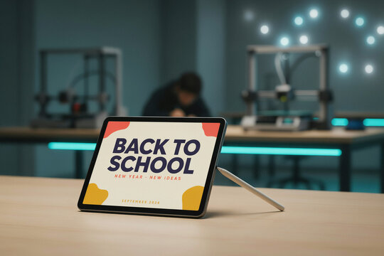 Digital tablet displaying Back to School text on screen inside modern high-tech STEM classroom. E-learning and educational technology concept.