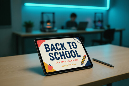 Digital tablet displaying Back to School text on screen inside modern high-tech STEM classroom. E-learning and educational technology concept.