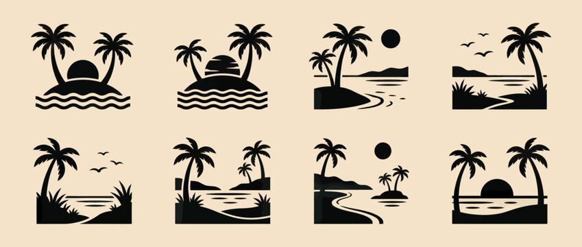 Set of Pixel Art Tropical Island Beach Scenes with Palm Trees and Sunsets