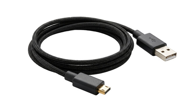 Black USB to Micro USB data cable on white background.