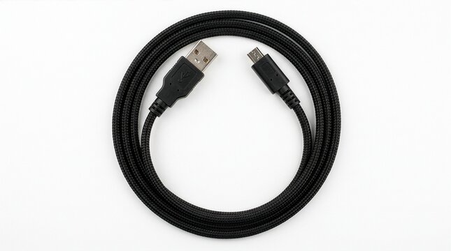 Black USB to Micro USB Data and Charging Cable Isolated on White Background.