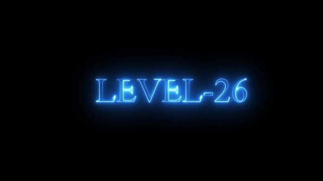 neon Level-26 text inside a horizontal banner on black background. level 9 text icon animation. Neon level up sign. neon next Level text.Level Thirty six text font with glowing neon light.Level .4k