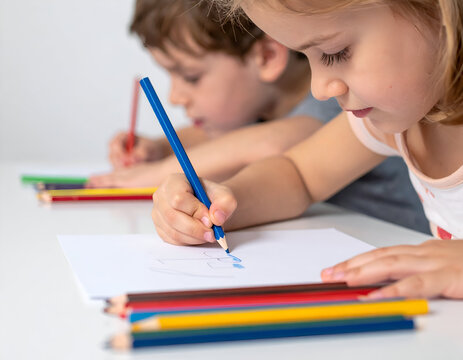 Children drawing with colored pencils on white paper at a table. Two kids sketching, vibrant wooden art supplies, school activity, creativity, childhood learning.