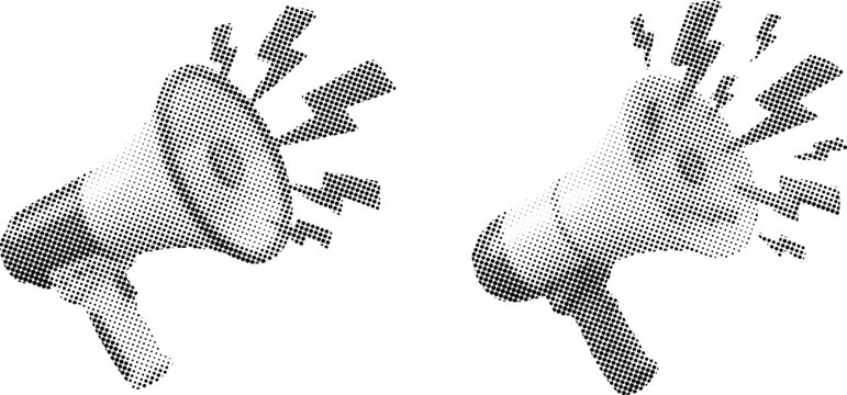 Stylized black and white halftone illustration of a megaphone emitting lightning bolts on white background