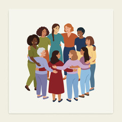 Obraz premium Diverse women hugging in circle, supporting each other group hug