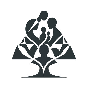A minimalist, artistic graphic design depicting a three-generation family tree, using stylized silhouettes arranged in a triangular, interconnected form.