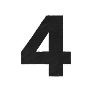 Single black paper cutout number four with textured edges isolated on a white background
