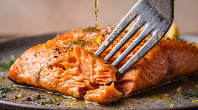 Smoked salmon fork flaky fish close up seafood meal dill breaking apart tender fillet with oil drop pepper herb garnish on plate