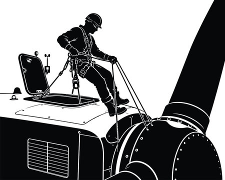 Wind turbine technician working on nacelle, industrial climber silhouette vector, renewable energy maintenance concept