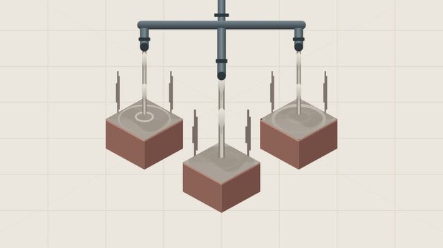 Industrial liquid pouring process into three square containers animation