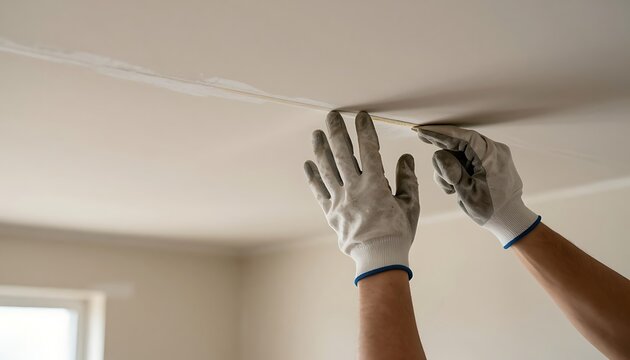 Worker applying adhesive tape to drywall seams on ceiling during residential interior renovation project with protective gloves applying freshly plastered ceiling