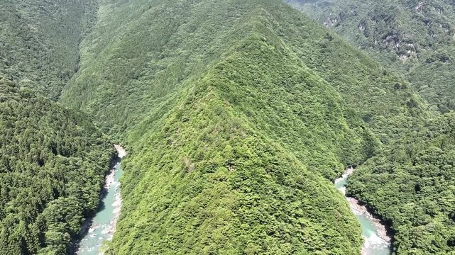 Aerial View of Hinoji Valley and the Meandering Yoshino River in Tokushima, Japan	