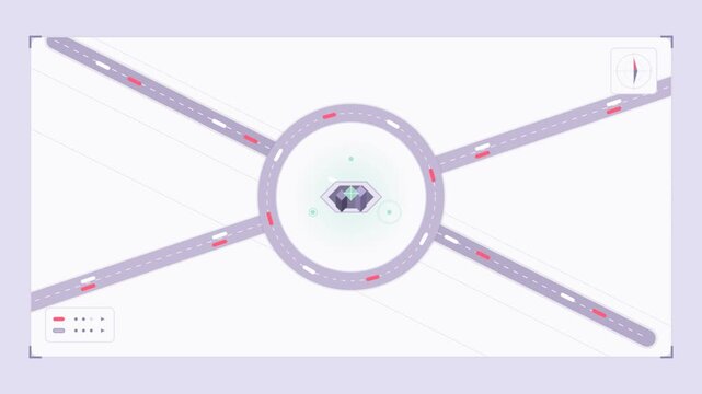 Minimalist Animated Map Showing Circular Intersection and Vehicle Flow