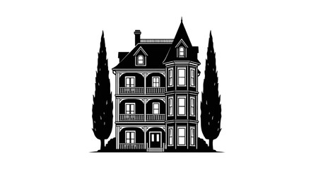Fototapeta premium Vector illustration of victorian house illustration with cypress trees on a transparent background