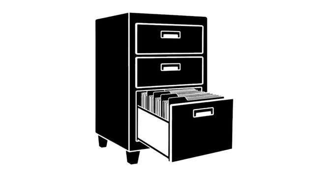 Vector illustration of filing cabinet with open drawer and files inside, on a transparent background