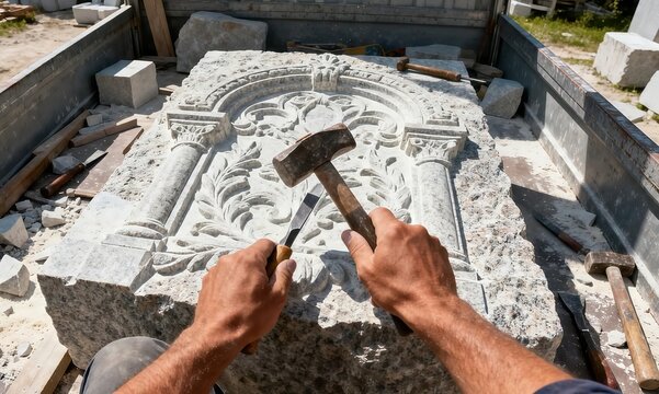 Photorealistic first-person view of a stone mason carving natural granite with both hands in an outdoor workshop.