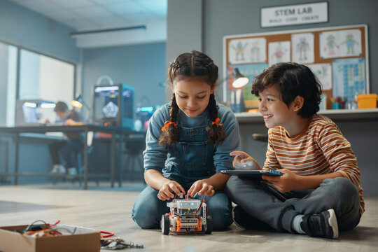 Diverse Kids Programming Robot in STEM Classroom | Elementary School Children Learning Robotics, Coding, and Technology Education in Modern Science Lab