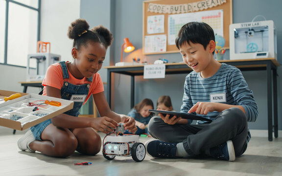 Diverse Kids Programming Robot in STEM Classroom | Elementary School Children Learning Robotics, Coding, and Technology Education in Modern Science Lab