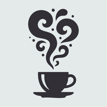 A minimalist black graphic icon depicts a steaming cup of coffee on a light background.